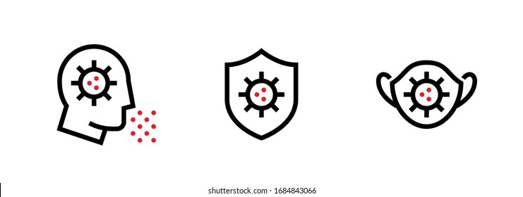 Set of Virus Transmission and Anti-Bacterial Protection icons. Editable line vector. The face of an infected person, a shield with a bacterium logo and a respirator with a microbe. Group pictogram.