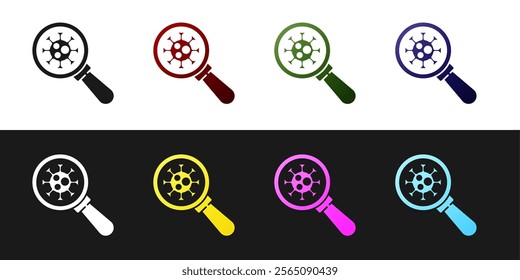 Set Virus under magnifying glass icon isolated on black and white background. Corona virus 2019-nCoV. Bacteria and germs, microbe, fungi.  Vector