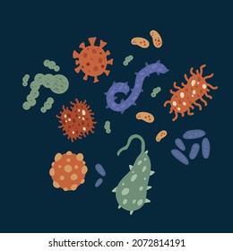 A set of viruses and bacteria. Cartoon icons for medicine Crown Stop. A bundle of pathogenic bacteria, microorganisms, bacilli, viruses. Icons of microbes under the microscope. Vector illustration