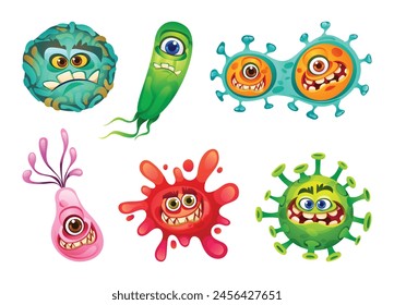 Set of viruses, bacteria and germs cartoon character with funny faces. Microscopic cell illness, bacterium and microorganism. Vector illustration