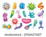 Set of viruses, bacteria and germs. Microscopic cell illness, bacterium and microorganism. Vector illustration