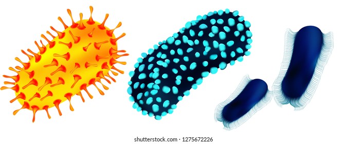 Set of viruses and bacteria isolated against a blom background. Viruses and bacteria under the microscope. Undead cellular infectious agent