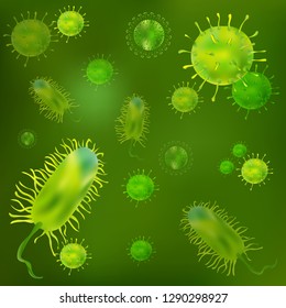 Set of viruses and bacteria under the microscope. Uninitiated cellular infectious agent. The concept of infection and cell disease pathogen