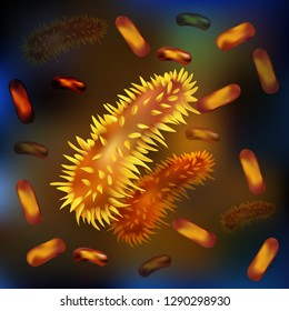 Set of viruses and bacteria under the microscope. Uninitiated cellular infectious agent. The concept of infection and cell disease, pathogen. BACTERIA, simple single-cell microscopic organisms