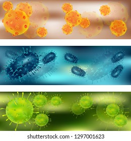 A set of viruses and bacteria. Viruses and bacteria under the microscope. Bacteria virus, microbial cells. Vector illustration.