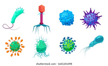 Set Viruses bacterias germs microorganisms disease-causing objects pandemic microbes, fungi infection. Vector isolated illustration cartoon style icon