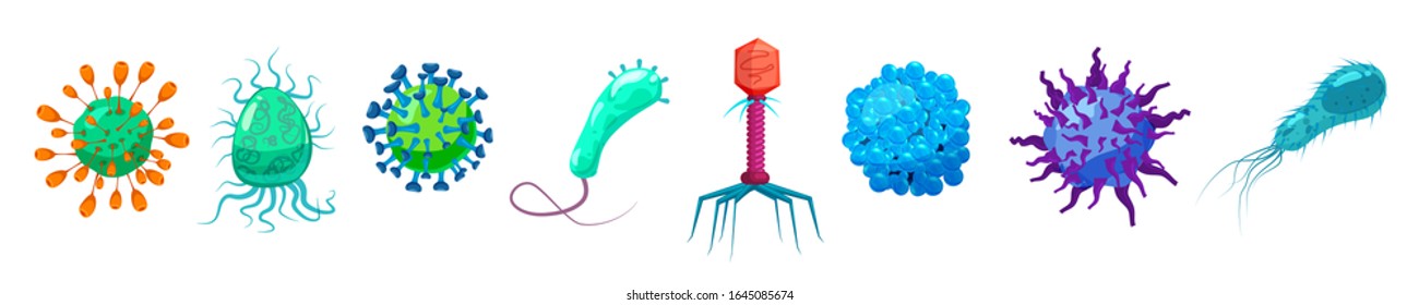 Set Viruses bacterias germs microorganisms disease-causing objects pandemic microbes, fungi infection. Vector isolated illustration cartoon style icon