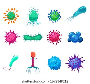 Set Viruses bacterias germs microorganisms disease-causing objects pandemic microbes, fungi infection. Vector isolated illustration cartoon style icon