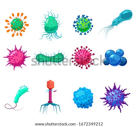 Set Viruses bacterias germs microorganisms disease-causing objects pandemic microbes, fungi infection. Vector isolated illustration cartoon style icon