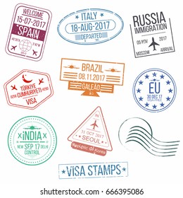 Set of visa passport stamps. International arrivals sign rubber stamps. Vector