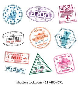 Set of visa stamps for passports. International and immigration office stamps. Arrival and departure visa stamps to Europe - Portugal, Poland, Russia, Netherlands etc. Vector