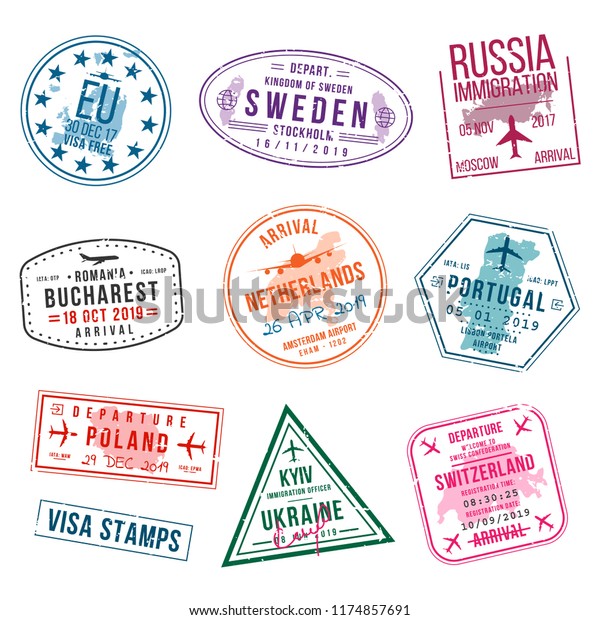 パスポート用のビザスタンプのセット 国際切手と入国管理局の切手 ヨーロッパへの入出国ビザの切手 ポルトガル ポーランド ロシア オランダ等 のベクター画像素材 ロイヤリティフリー