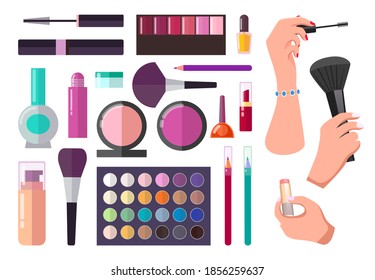 Set of visagiste cosmetics, equipment, tools. Hands with mascara, brush, lipstick. Collection of nail polish, blush, powder, eyeshadows palette, colorful eye pencils, foundation, lip gloss, cream