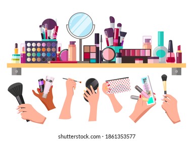 Set of visagiste cosmetics, equipment, tools. Hands with powder brush, cream, lipgloss, eyeshadow brush, pocket mirror, cosmetic bag, lipsticks, shadows. Collection of make-up instruments, products