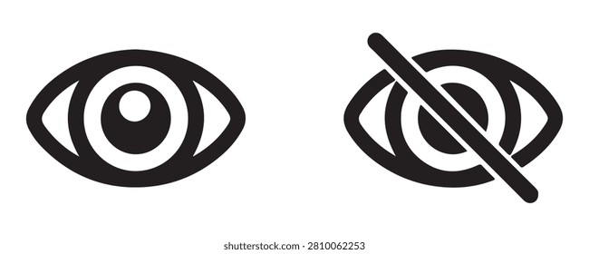Set of visibility icons showing open human eye and obscured eye with slash for privacy and hide content.