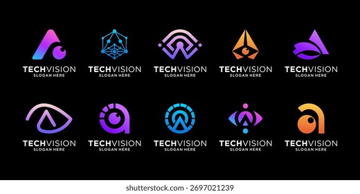 Conjunto de diseño de logotipo de tecnología de ojos de visión. Letra inicial Abstractas A con Ilustración vectorial del logotipo del obturador de la cámara.