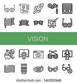 Set of vision icons such as Glasses, Pride, Letter, Startup, Binoculars, Creative, Blinds, Sunglasses, Augmented reality, Lens, Visual, Vision 