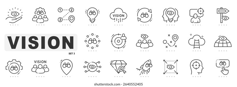 Set of vision related line icons. Eye, look, binocular etc. Editable stroke. Set 3
