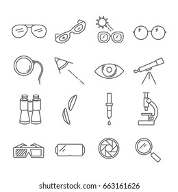 Set of vision Related Vector Line Icons. Includes such Icons as eye, lens, glasses, sunglasses, microscope, telescope, binoculars, magnifier, lens