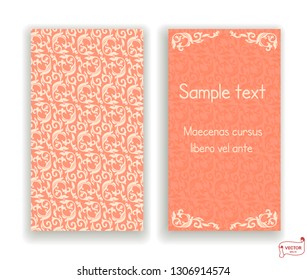 Set of visiting and business card beige and white colored with scrolls design element. Front page and back page.