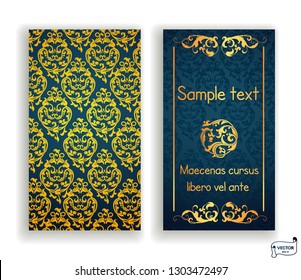 Set of visiting and business card blue and gold colored with scrolls design element. Front page and back page.