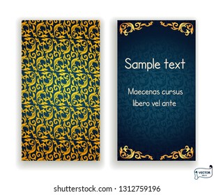 Set of visiting and business card blue and gold colored with scrolls design element. Front page and back page.