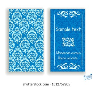 Set of visiting and business card blue and white colored with scrolls design element. Front page and back page.