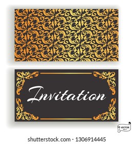 Set of visiting and business card gray and gold colored with scrolls design element. Front page and back page.