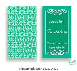 Set of visiting and business card green and white colored with scrolls design element. Front page and back page.