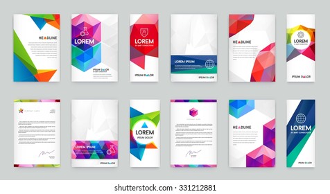 Set of Visual identity with letter logo elements polygonal style Letterhead and geometric triangular design style brochure cover template mockups for business with Fictitious names