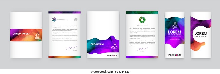 Set of Visual identity with letter logo elements polygonal style Letterhead and mesh smooth design style brochure cover template mockups for business with Fictitious names