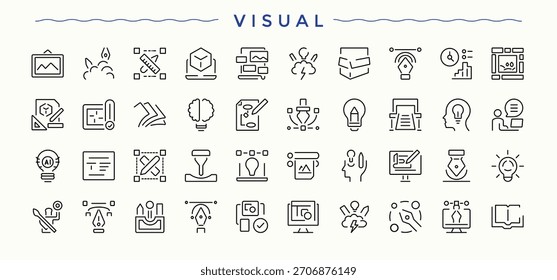 Conjunto de icono de línea visual. Iconos artísticos de estilo lineal delgado. Iconos para el diseño de la interfaz de usuario. Icono de pintura colección. Trazo editable. Pixel perfecto.