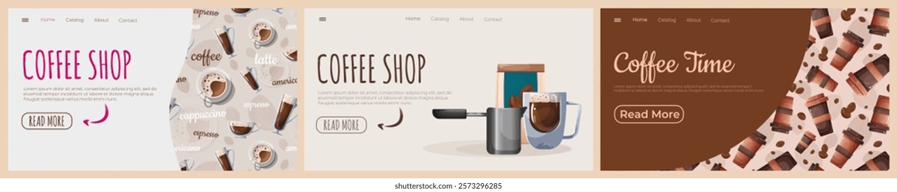 A set of visually appealing homepage designs for an online coffee shop, showcasing modern layouts, stylish typography, coffee-themed graphics. Each design emphasizes a cozy inviting coffee experience.