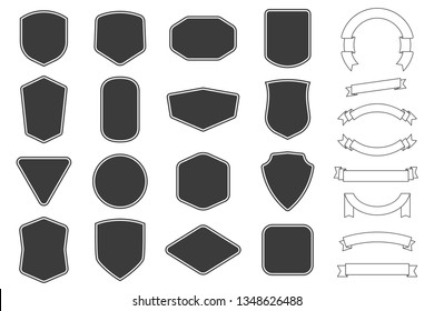 Set of vitage label, badges shape and ribbon baner collections. Vector illustration. Black template for patch, insignias, overlay.