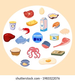 Set of Vitamin B12 origin natural sources. Healthy dairy, sea food, cottage cheese, meat, fish. Organic diet products, natural nutrition collection. Vector flat cartoon illustration isolated
