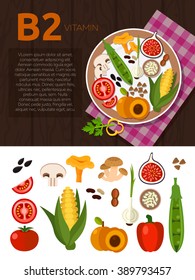 Set of vitamin B2 and useful products: chanterelle, champignon, corn, peach, rice, bean, buckwheat, tomato, pepper, green onion, peanut. Healthy lifestyle and diet vector concept. Food on plate.