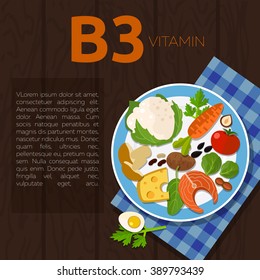 Set of vitamin B3 and useful products: fish, carrot, tomato, egg, parsley, cheese, white mushroom, potato, broccoli, beans, seeds, kohlrabi. Healthy lifestyle and diet vector concept. Food on plate.