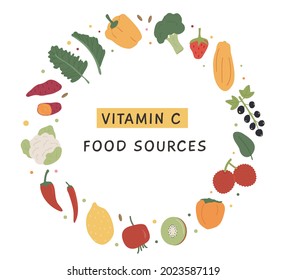 Set of Vitamin C foods for healthy diet. Frame or border with fruits and vegetables enriched with ascorbic acid. Dietetic food, organic nutrition composition. Vector illustration in flat style.