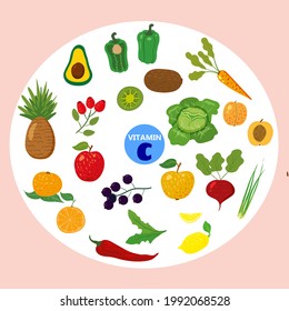 Set of Vitamin C origin natural sources. Healthy diary rich ascorbic acid, fruits, vegetables,berries. Organic diet products, natural nutrition collection. Vector flat cartoon illustration isolated