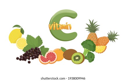 Set of vitamin C sources. Dietetic and vegetarian food composition. Vitamin c benefits and sources. Trendy vector illustration, isolated on white. Good for web and print