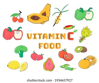 Set of vitamin C sources. Fruits and vegetables enriched with ascorbic acid. Dietetic food, organic nutrition composition. Vector 