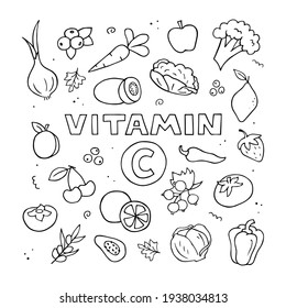 Set of vitamin C sources. Hand drawn illustration. Doodle natural food. Vector black and white outline.