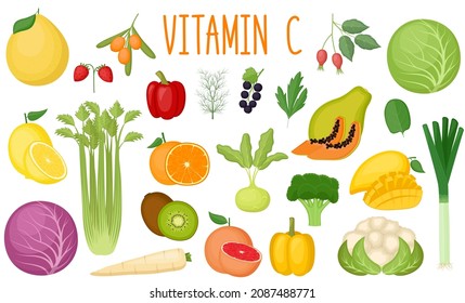 Set of vitamin C sources. Healthy food. Collection of vegetables and fruits enriched vitamin C. Vector illustration