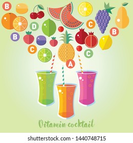 Set of vitamin cocktail for health of fruits and berries. Healthy diet. Vitamins. Cocktail recipe of orange, lemon, Apple, grape, watermelon, pear, lime, pineapple, strawberry, pomegranate, cherry