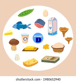 Set of Vitamin D origin natural sources. Healthy diary rich food, sea food, fish, mushrooms, eggs. Organic diet products, natural nutrition collection. Vector flat cartoon illustration isolated