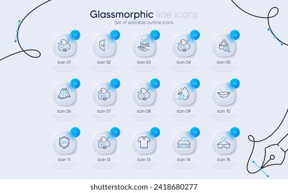 Set of Vitamin d, T-shirt and Skin care line icons for web app. Riboflavin vitamin, Sun protection, Skirt icons. Lips, Water drop, Moisturizing cream signs. Uv protection, Sunglasses. Vector