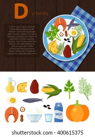 Set of vitamin D and useful products: oil, dill, parsley, egg, cheese, corn, liver, seeds, peanuts, hazelnuts, pumpkin, milk, cottage cheese. Healthy lifestyle and diet vector concept. Food on plate.
