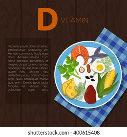 Set of vitamin D and useful products: oil, dill, parsley, egg, cheese, corn, liver, sunflower seeds, peanuts, hazelnuts. Healthy lifestyle and diet vector concept. Food on plate.