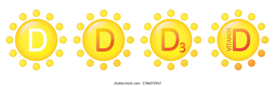 Set Of Vitamin D Vector Icons In Shape Of Gold Shining Sun. Emblem, Sticker, Button, Symbol Collection, Isolated On White. Cholecalciferol As An Immune Booster, Nutrition Healthy Supplement Concept