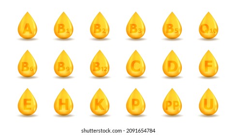 Set of vitamin drop complex. Vitamin A, B, C, D, E, K, F, U, H, P, PP and more. Multivitamin supplement illustration concept.